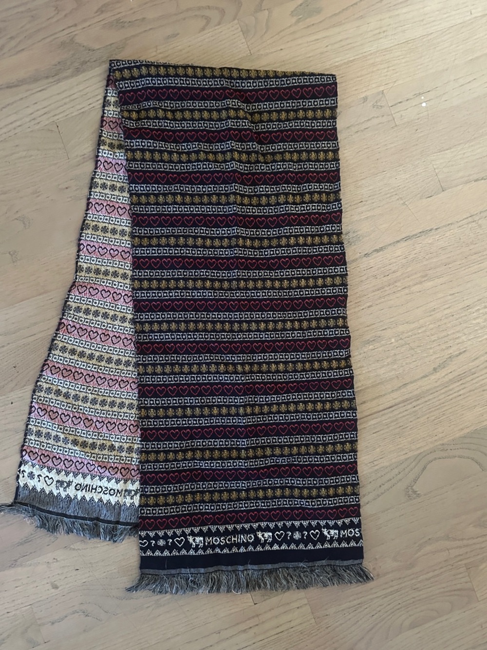 Vintage Moschino Black, Gold & Red Heart-Stripe Jacquard Scarf